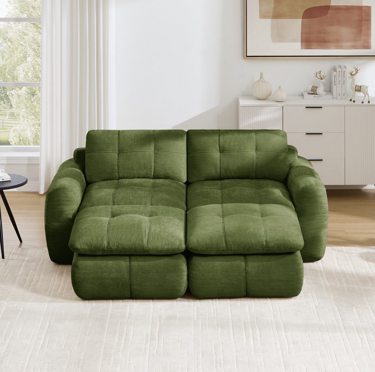 Wishdor Bank - 2-zits modulaire wolkenbank - Brede diepe zit en ottomans - Chenille met wolkenzachte vulling - Woonkamer appartement - Groen - 194 x 160 x 68 cm