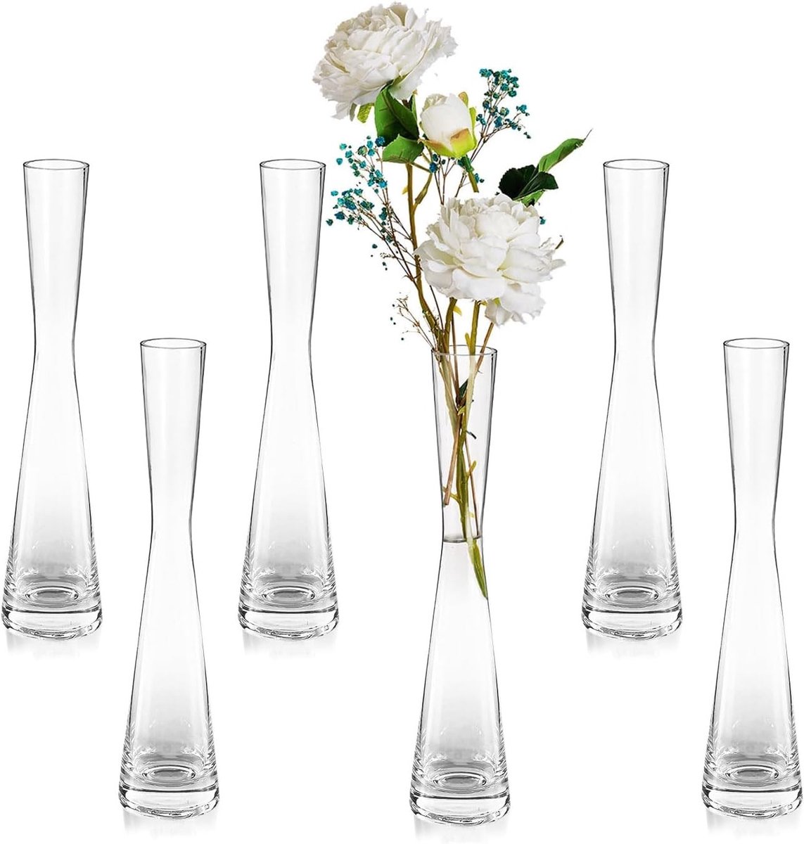 Handgemaakte Set van 6 Lange Smalle Vazen van 24,5 cm voor Enkele Stelen - Modern Interieurdecor voor Woonkamer, Bruiloften en Bloemstukken met Pampasgras en Rozen