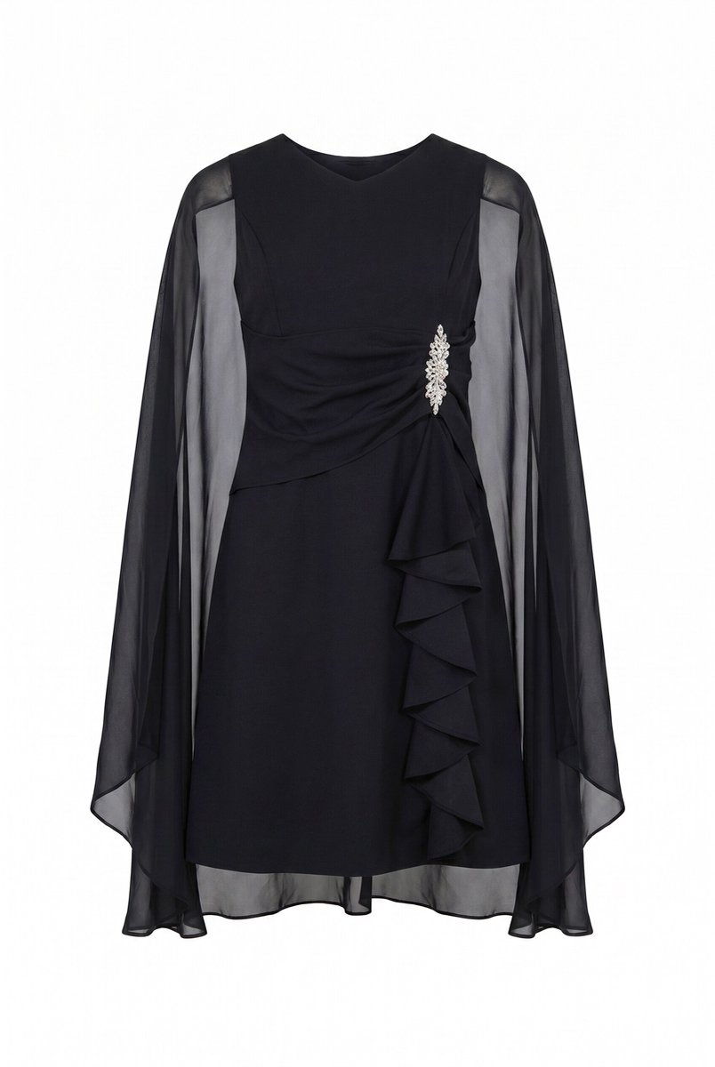 Ulla Popken - Dames - Jurk chiffon cape A-lijn V-hals mouwloos - Zwart - Maat 60