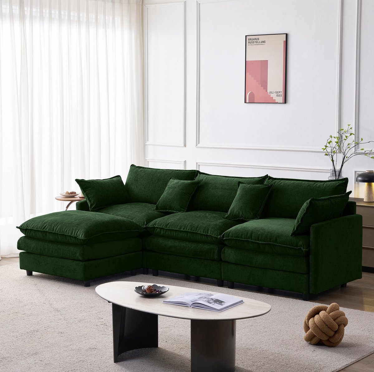 COVREO Modulaire hoekbank met hocker en 2 sierkussens – 267x154x85 cm – Chenille bank met afneembare hoezen – 3-zits voor woonkamer – Groen