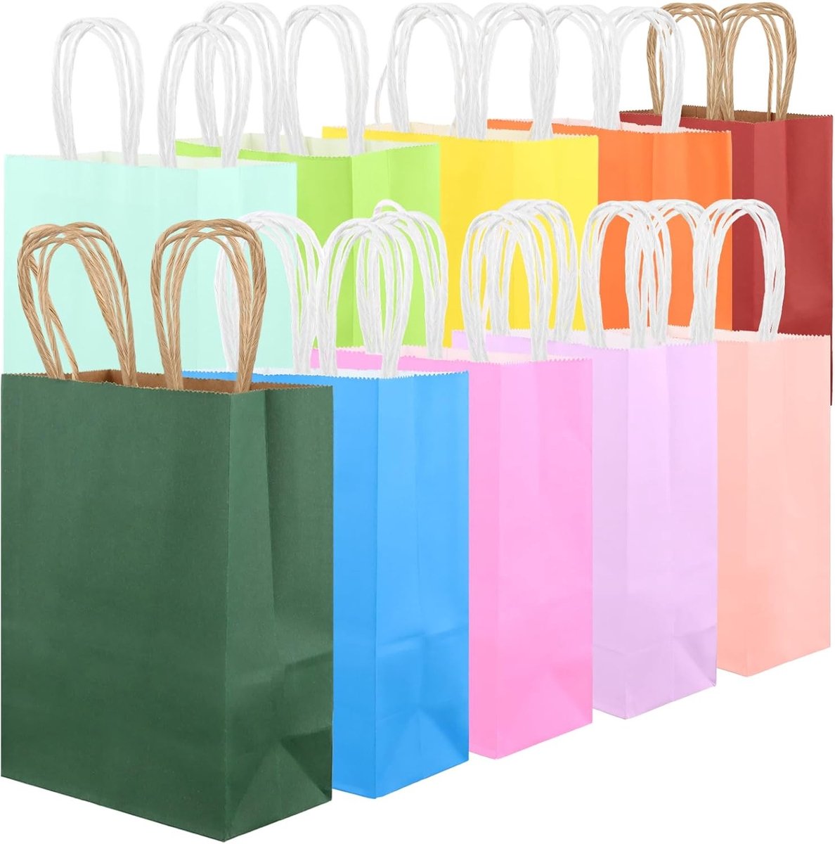 100 Stuks Kleurrijke Papieren Cadeauzakjes met Handvat, Ideaal voor Verjaardagen, Bruiloften en Winkelen, 21 x 15 x 8 cm, Kraftzakjes voor Verpakking