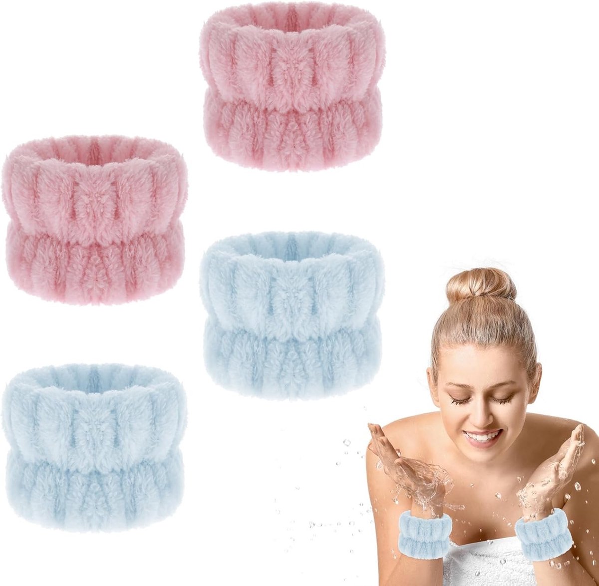 Set van 4 Microfiber Polsbandjes voor Spa en Gezichtsreiniging, Absorberende Pols Wraps voor Douche en Make-up Verwijdering (Roze & Blauw)