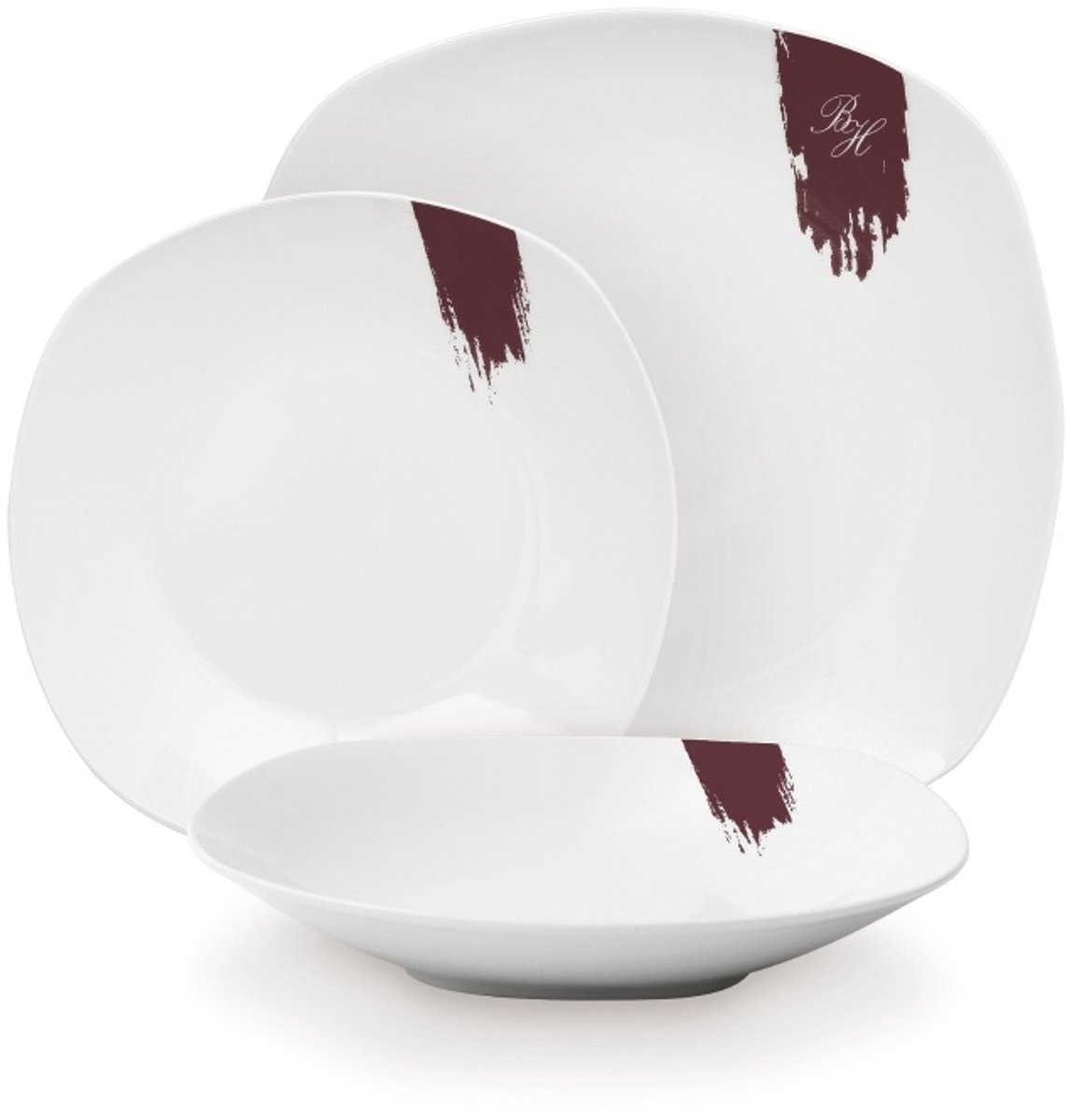 Eetservies met 18 borden uit de Leonardo Collection, wit-bordeauxrood