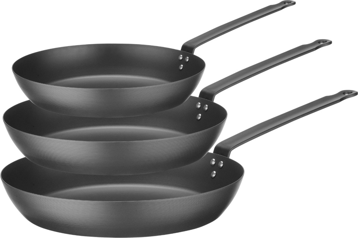 Blackwell Koekenpannenset Carbon Staal - 3-delig - Carbon Steel - Staal Grijs/Zwart - PFAS-vrij Ovenbestendig - ø 20/24/28 cm