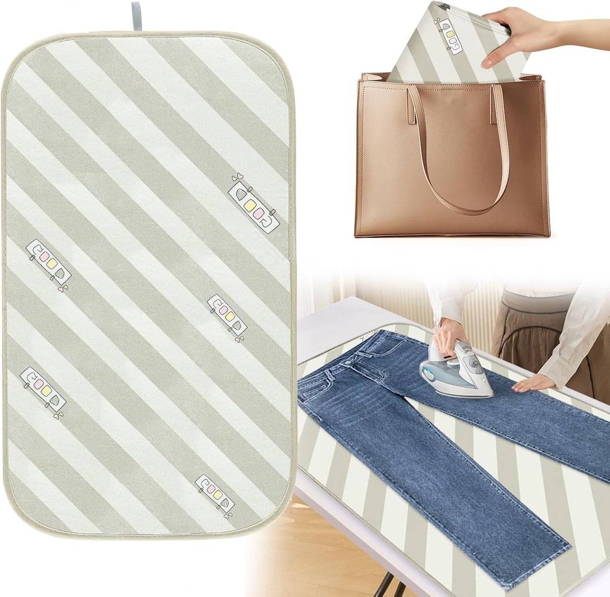 Vouwbare Strijkmat voor Stoomstrijkijzers, Antislip Strijkondersteuning voor Tafel, Ideaal voor Reizen, 70x40 cm, Groen met Gestreept Patroon