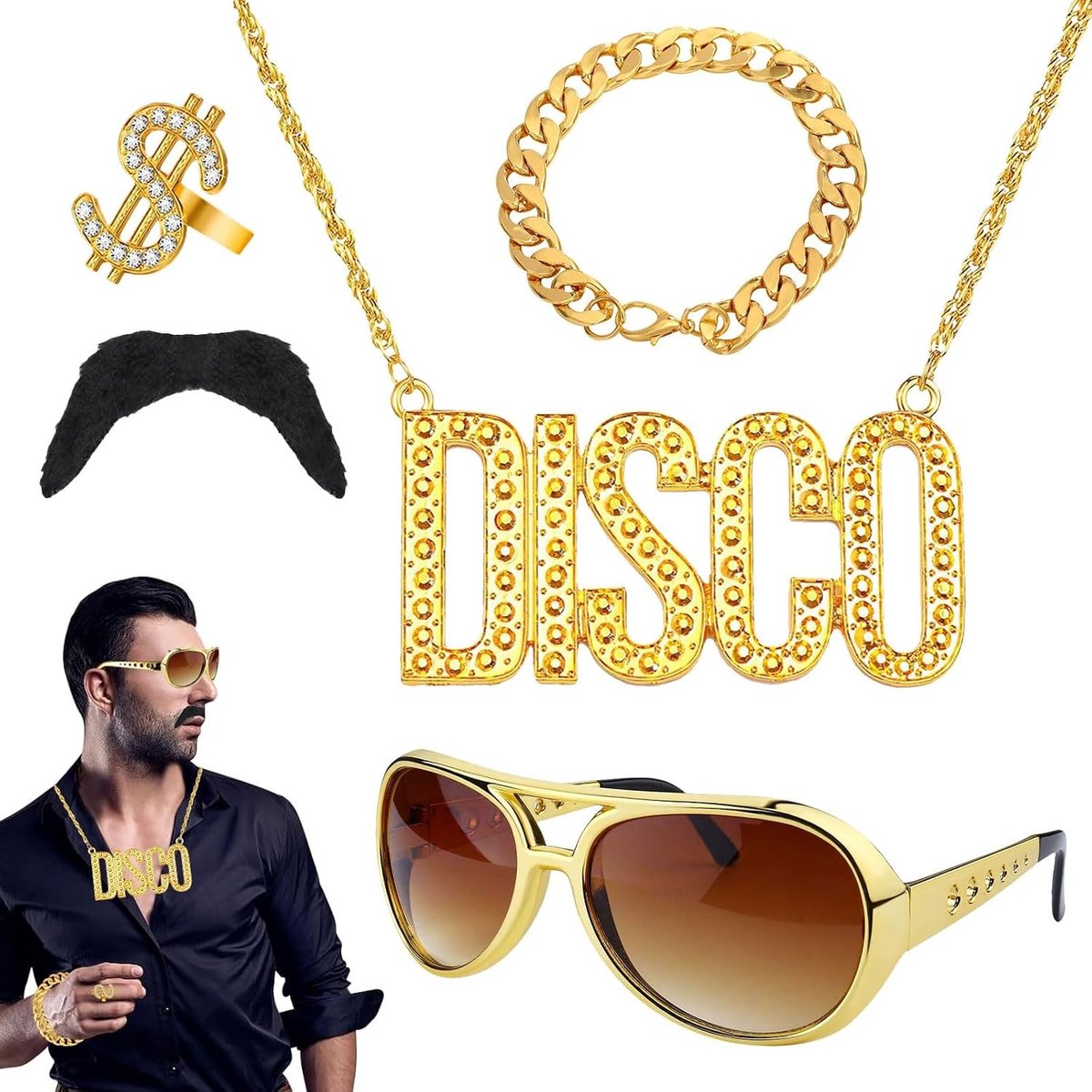Disco Kostuum voor Mannen - Hip Hop Outfit met Gouden Ketting, Zonnebril en Neppenkap - Ideaal voor Halloween, Carnaval en Themapartijen