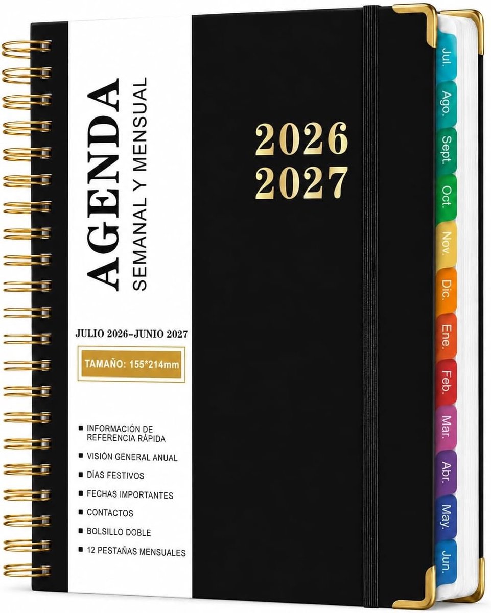 Agenda A5 - Zwart - Spiraalbinding - Schoolagenda met Week- en Maandoverzicht - Voor Studenten