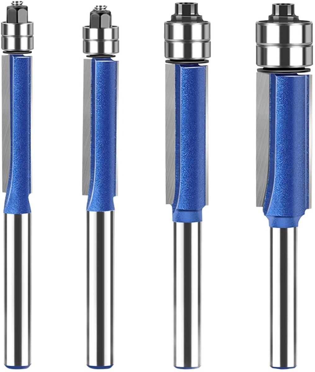 Professionele 4-delige Freesbit Set met 6mm Schacht en Dubbele Lager voor Houtbewerking met Opbergdoos - Perfect voor Precisiewerk en Meubelmakerij