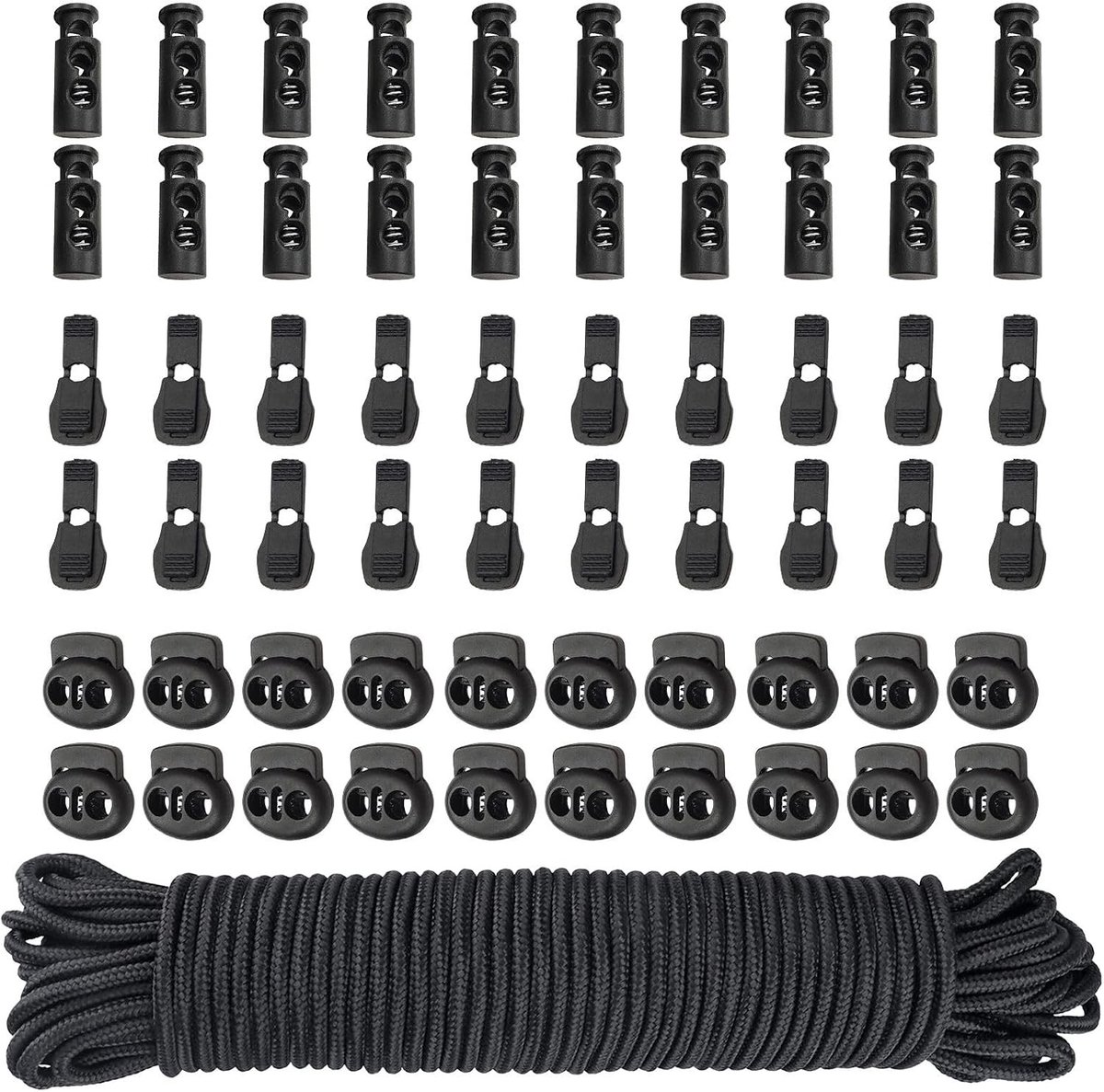 Plastic Cord Locks en Elastische Bungee Nylon Schokkoord – Veelzijdige 10M Creatieve Touw met Enkele en Dubbele Gat Sluiter (Zwart) voor Handwerk en Outdoor Activiteiten