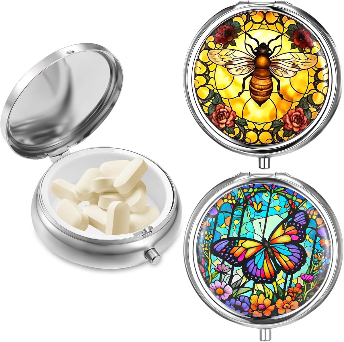 2 Stuks Draagbare Medicijn Doosjes - Vochtbestendige Pocket Organizer voor Tabletten met Spiegeltje en Schattig Ontwerp voor Gemakkelijk Gebruik en Opberging van Medicijnen