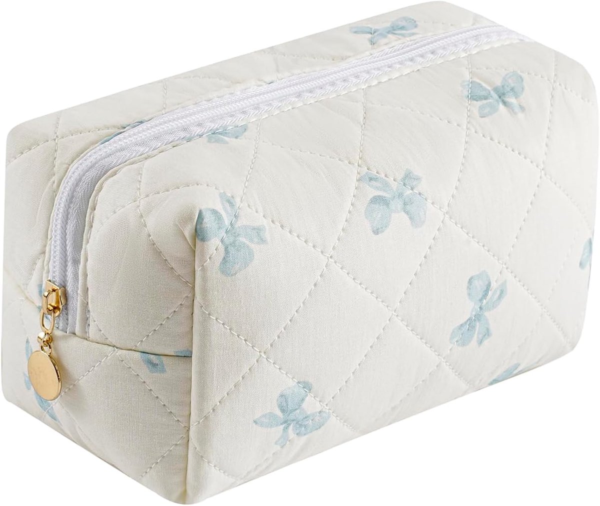 Klein doorgestikt toilettasje voor dames – Leuke bloemenprint met strikdetail; geschikt als reistoilettas, noodsetje of opbergtasje voor wattenschijfjes; een ideaal cadeau (model met blauwe strik)
