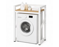 Livista Wasmachinerek - Wasmachine kast - Badkamerrek – Ruimtebesparende Wasmachine Organizer – Stalen Frame – 3 Hoogtestanden – Water-, Kras- en Hittebestendig Werkblad – Antislip Voetjes – 200 kg Draagvermogen - Wit/Hout