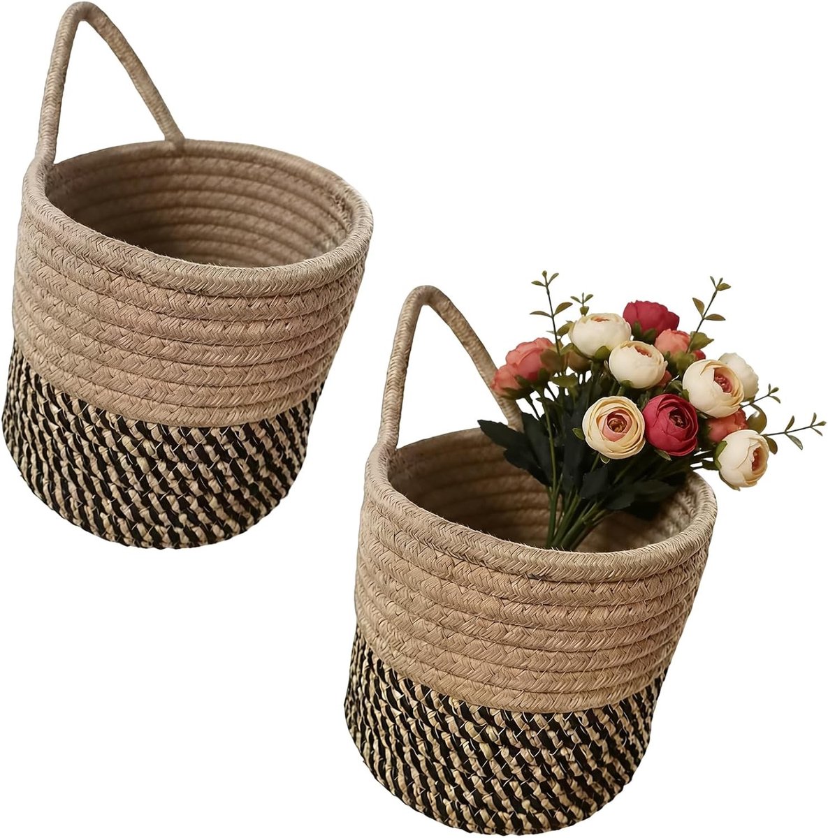 Set van 2 Katoenen Touw Baskets met Handvat en Haakjes, Wandmanden voor Opberging in Keuken, Badkamer en Kinderkamer, 15 x 16 cm, Decoratieve Opbergmanden in Bruin