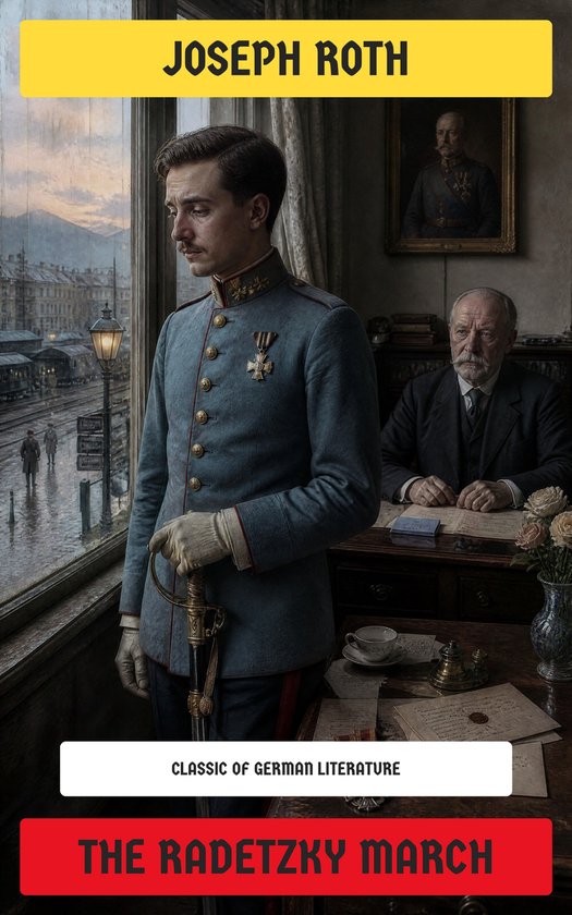 Boek "The Radetzky March" van Joseph Roth. Mannen in militaire uniformen en burgerkleding.