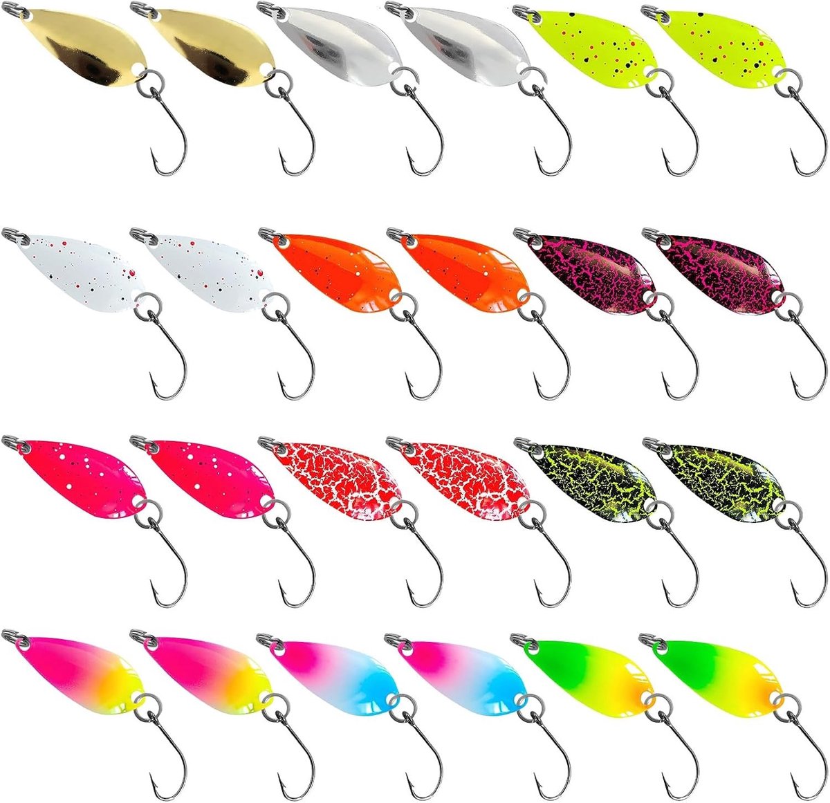 24 Stuks Lepels voor Vissen - Realistische Trout Spinner met Enkele Haak in 12 Kleuren, Deformatie Bestendig en Ideaal voor Barracuda Visserij