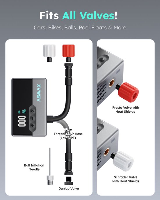 ASMAX T30 Elektrische Fietspomp - Mini Compressor 120 PSI - Draadloze Bandenpomp met Digitale Drukmeter & Auto Stop - USB-C - 123 g — afbeelding 2