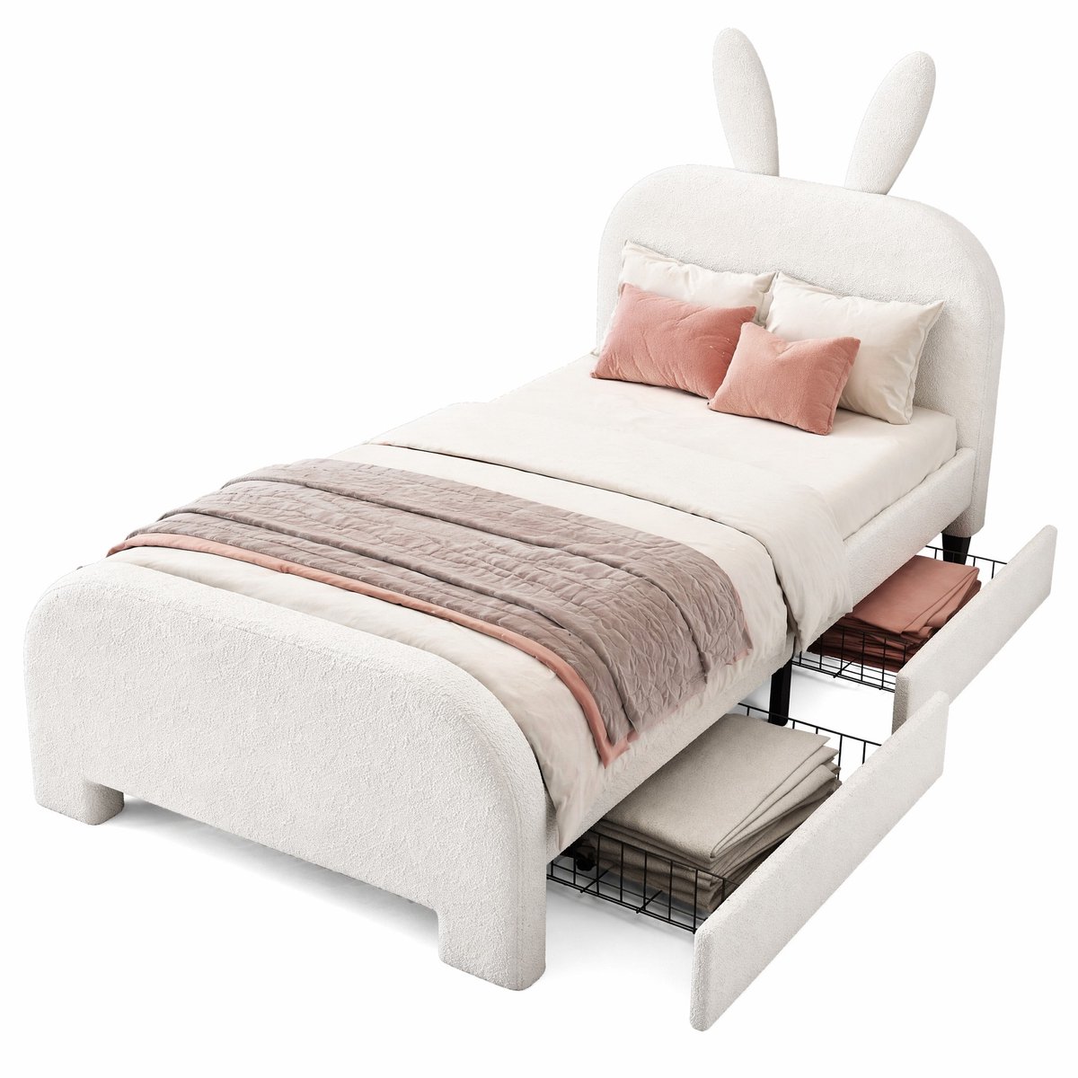 WUVRIE Kinderbed 90x200 cm met konijnenhoofdbord, 2 lades en zachte bekleding, wit