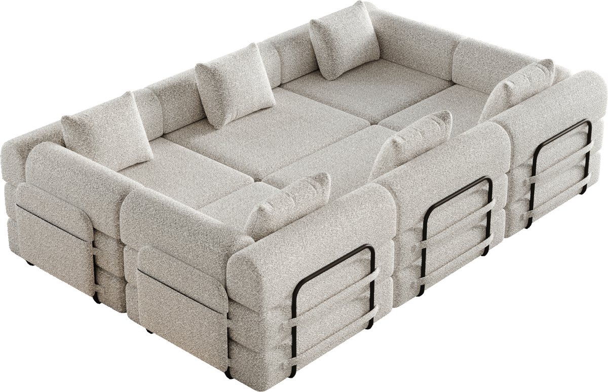 REDOM - Slaapbank - 2-in-1 - modulair met stalen frame - opbergruimte in armleuning en antislip onderzijde - 6-zits - Chenille - Khaki - 274 x 183,8 x 69,8 cm