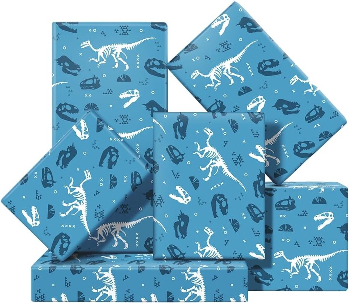 Antropologie en Geologie Dinosaurus Tyrannosaurus Rex Fossiele Botten Schetsen Op Blauw Inpakpapier 4 Vellen 50x70cm Voor Kinderen en Dinosaurus Liefhebbers Geschenkverpakking
