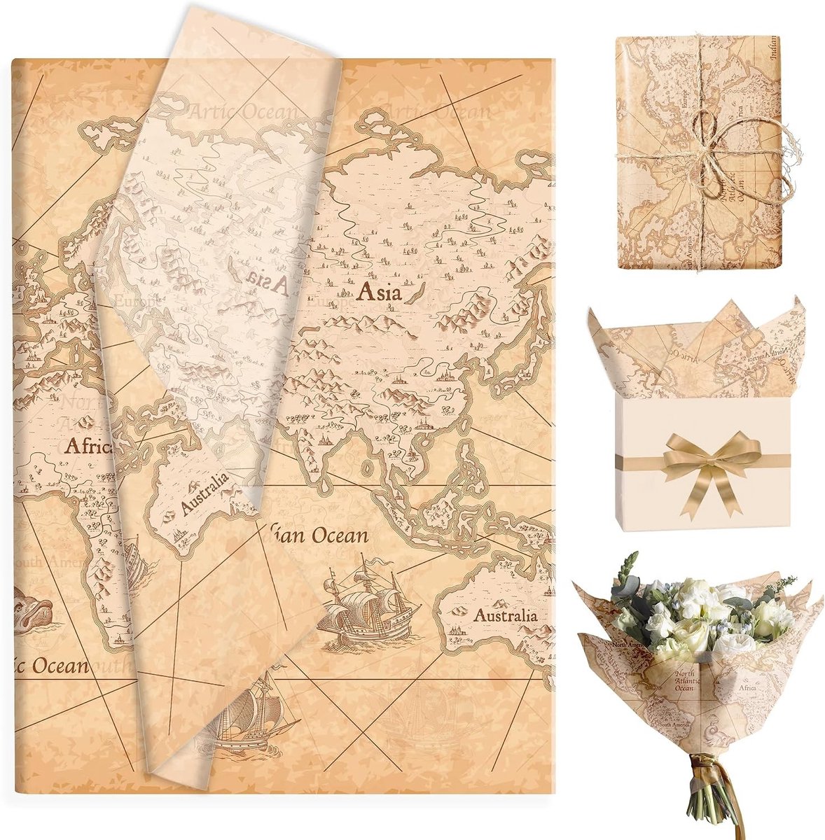 Vintage Wereldkaart Blotting Paper 50x35cm - Antiek Decoratiepapier voor Ambachten, Cadeauverpakking en Feestdecoraties