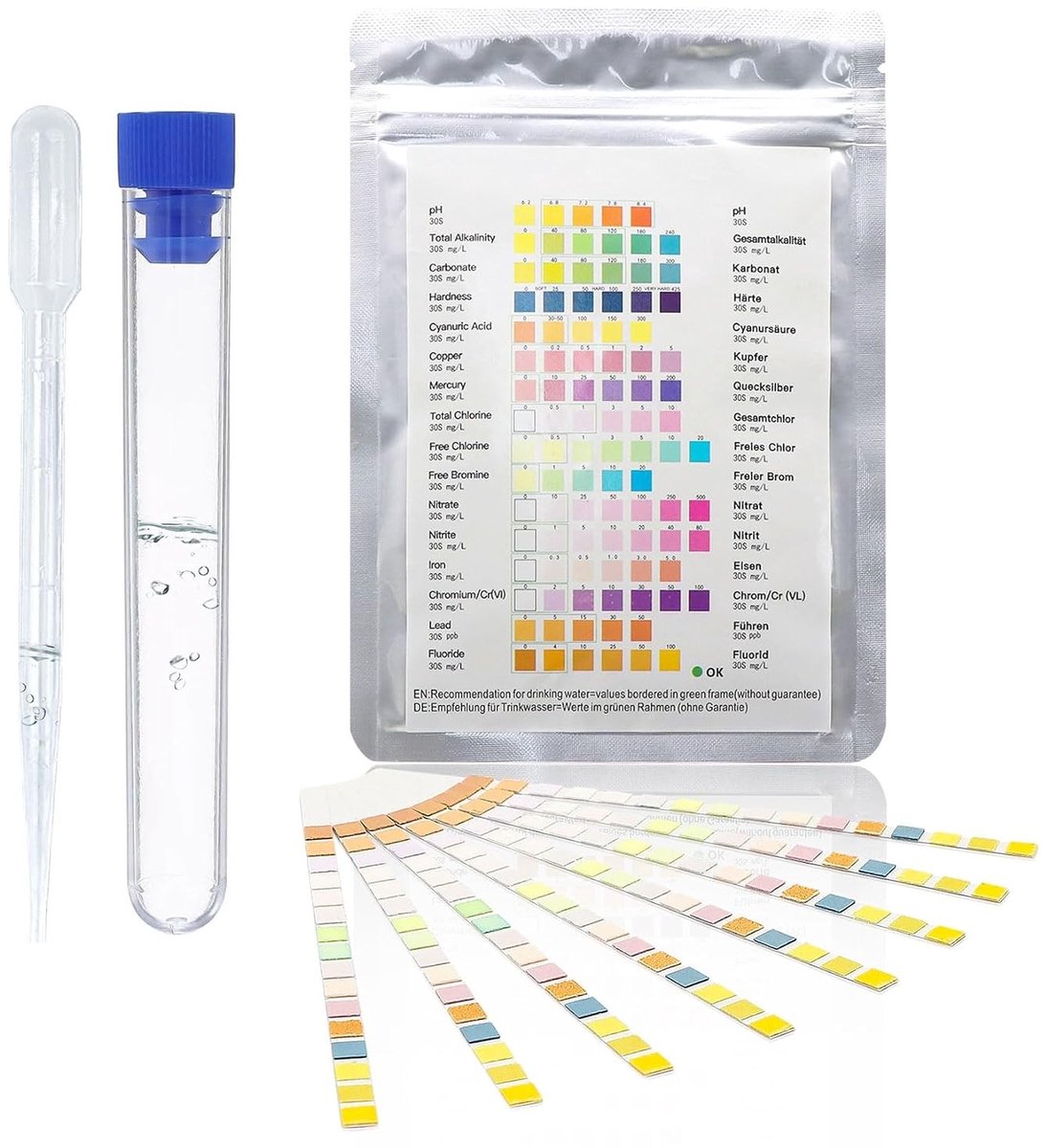 16-in-1 Water Tester voor Drinkwater, Teststrips voor Tapwater, Zwembad en Spa - 50 Stuks met Testbuizen en Druppelaar voor Eenvoudige Waterhardheid Controle