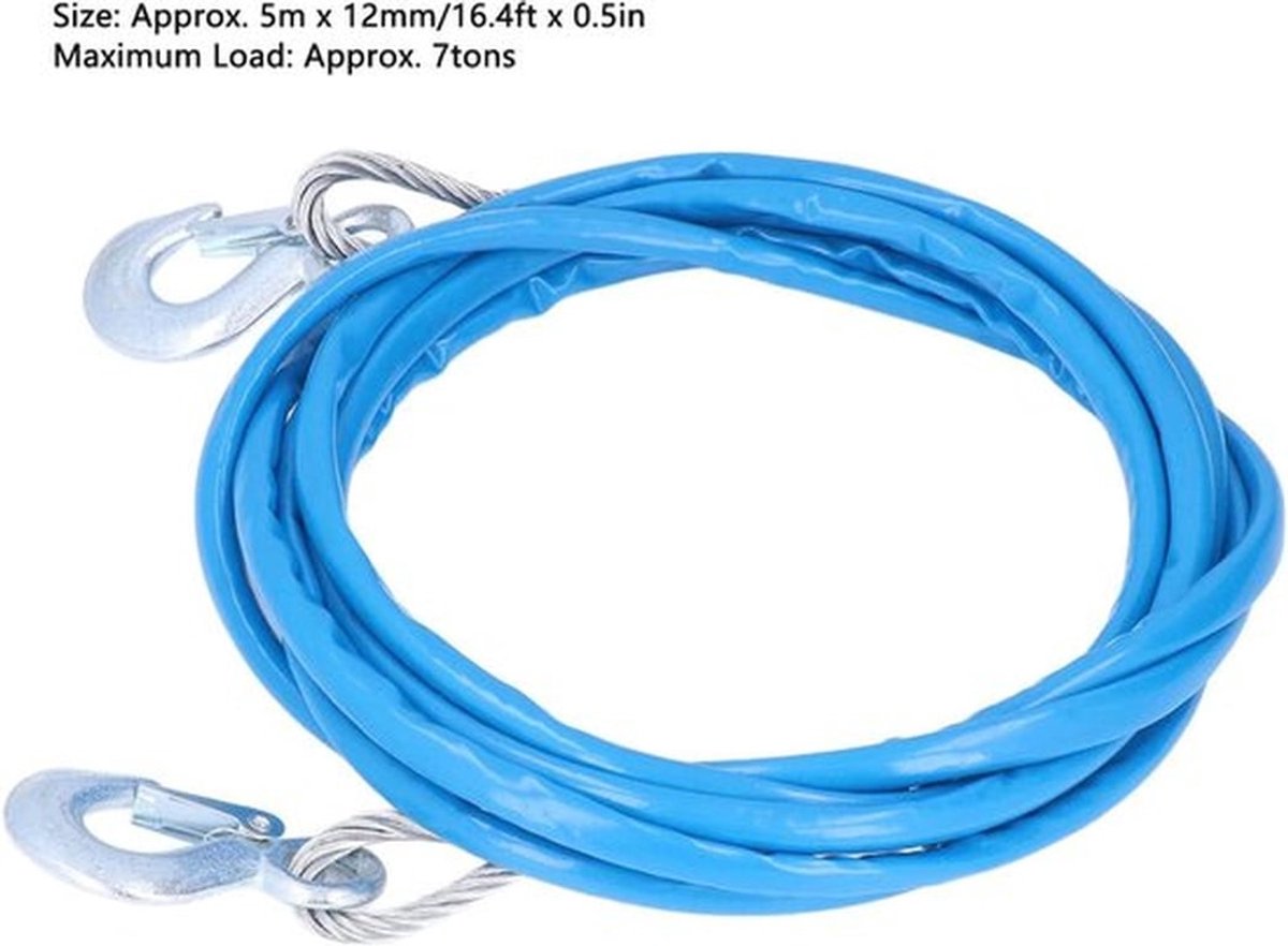 Stalen aanhangerkabel met haken voor auto's en terreinvoertuigen - 7000 kg capaciteit - 12 mm x 5 m - blauw.