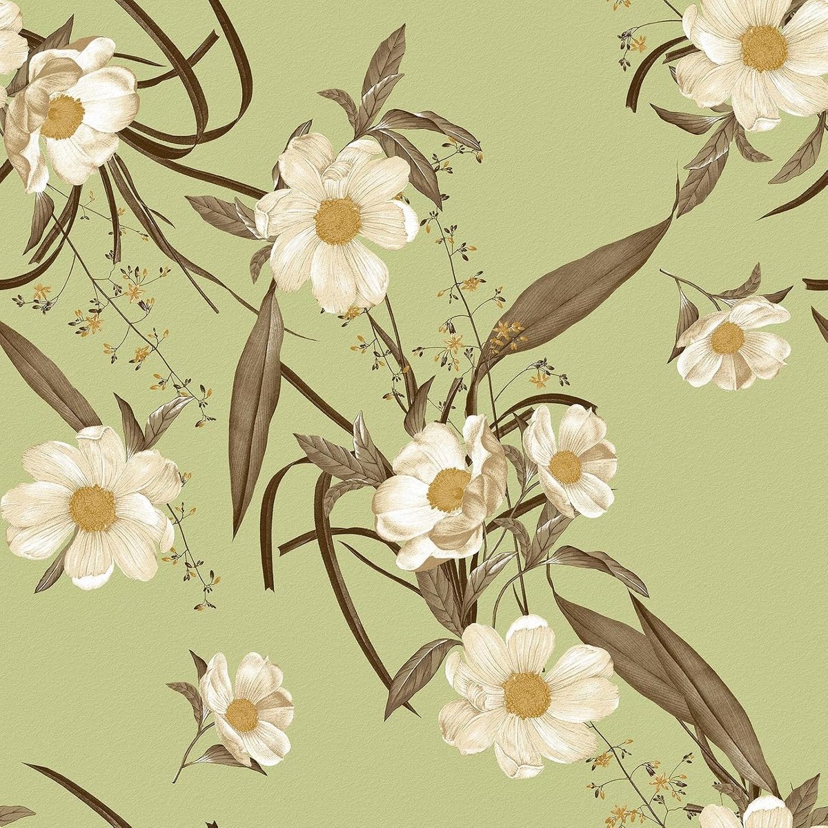 Zelfklevend Behang Sagegroen met Witte Bloemen - Vintage Vinyl Wanddecoratie 260cm x 44.5cm, Perfect voor Interieur en Renovatie