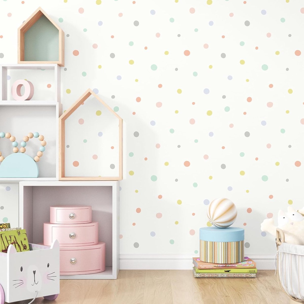 Beige Zelfklevend Behang voor Kinderkamer met Polka Dots - Creatief Behang voor Jongens en Meisjes, 44.5 x 1000 cm, Decoratieve Wandbekleding voor Speelkamers en Slaapkamers