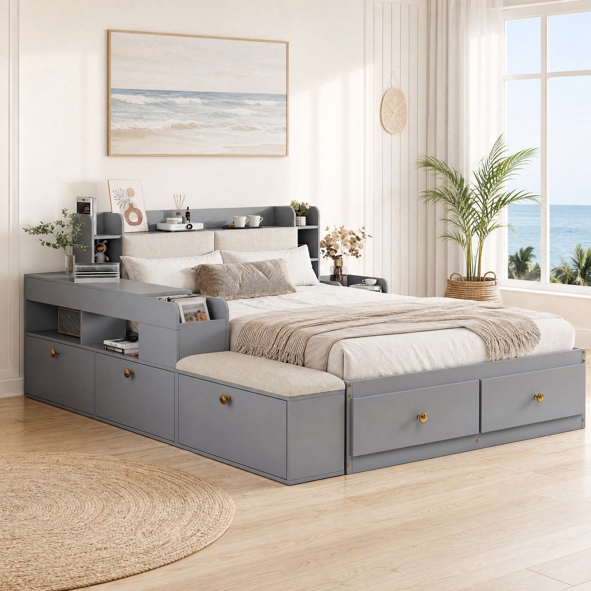 COVREO Bed met lades en opbergruimte – 140x200 cm – Tweepersoonsbed van hout en MDF – met hoofdbord en lattenbodem – Grijs - zonder matras
