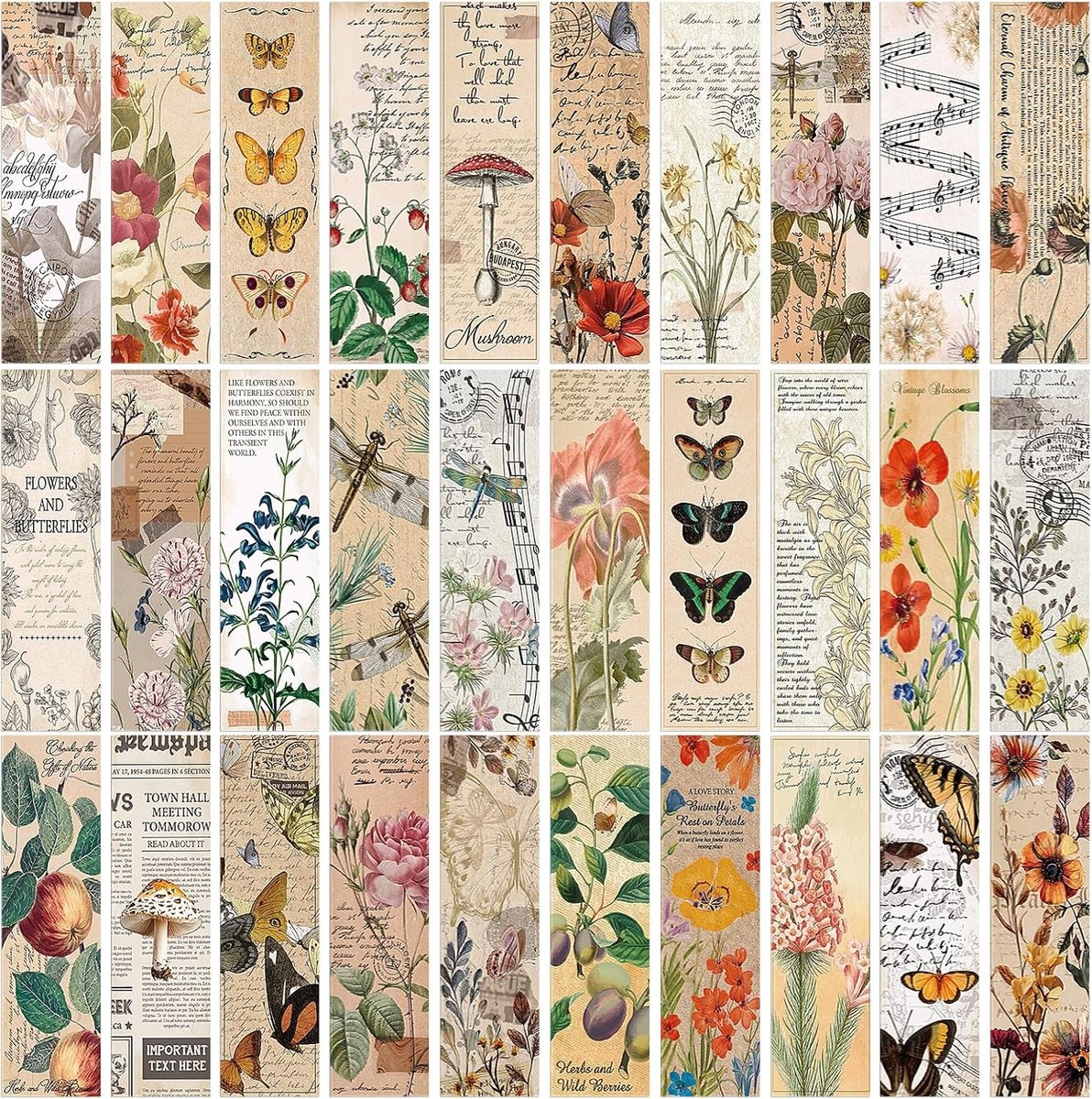 30 Stuks Vintage Papieren Bloem Vlinder Boekenleggers Dubbelzijdig voor Boekenliefhebbers - Retro Pagina Clips voor School, Kantoor en Cadeaus