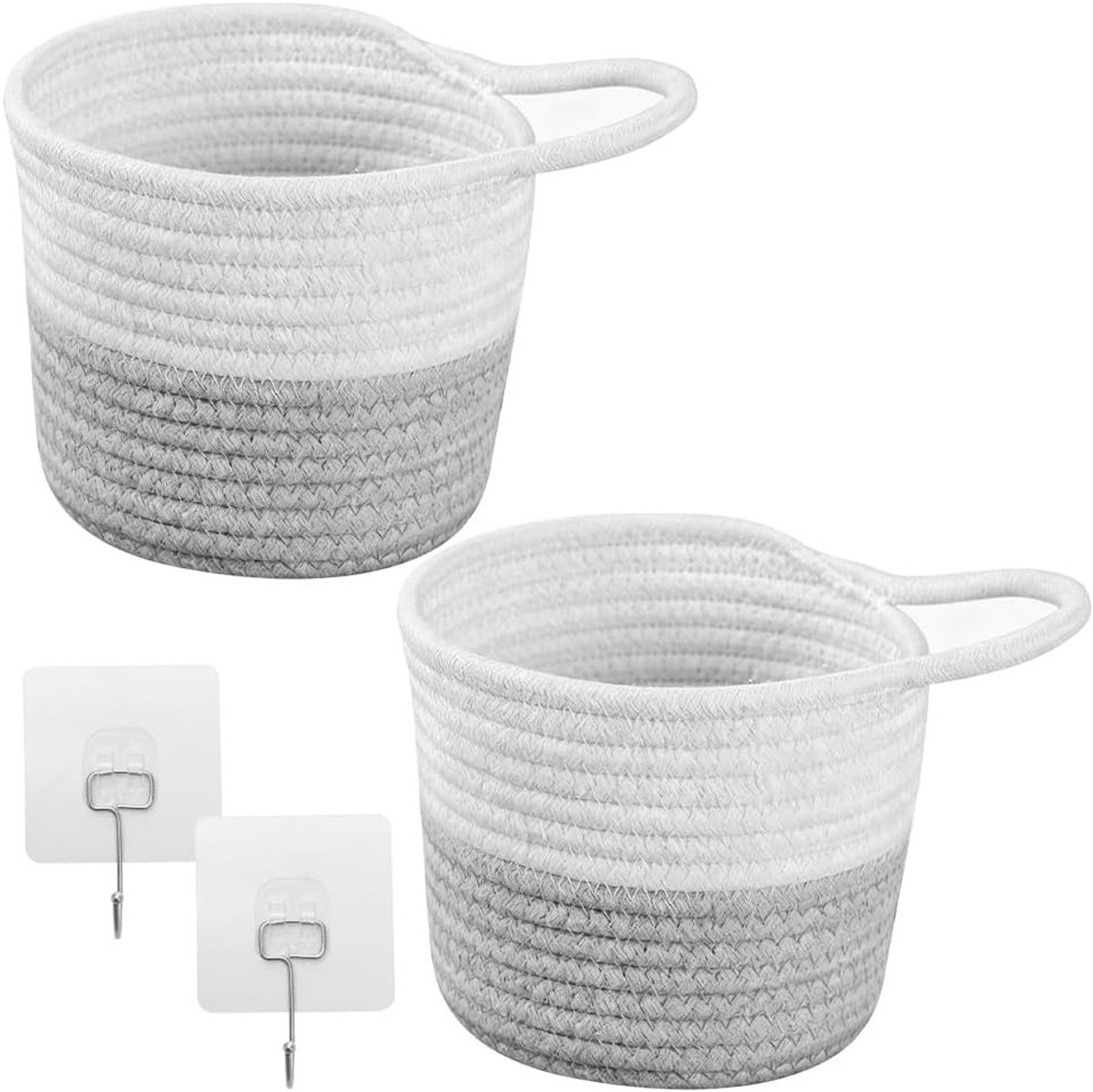 Set van 2 Wandmanden van Katoen, Hangende Bloempotten en Opbergmanden, 15 x 16 cm, Inclusief 2 Haken voor Keuken, Woonkamer en Badkamer
