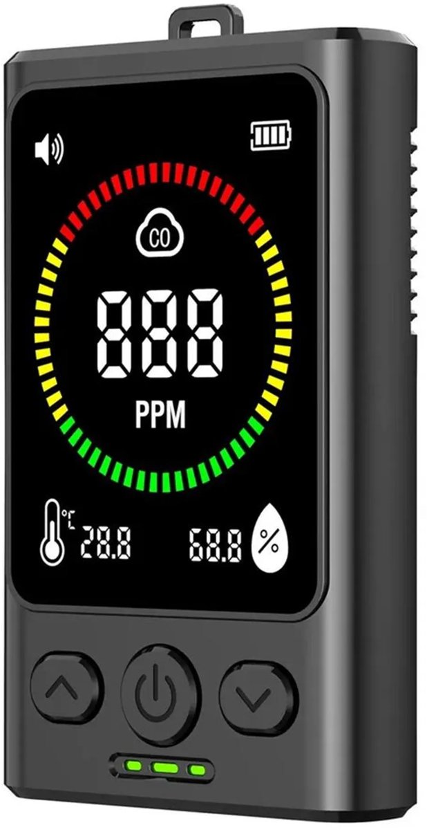 Koolmonoxidemelder, 3-in-1 CO-melder met ultrahelder kleurendisplay en temperatuur- en vochtigheidsindicator, geschikt voor keuken en eetkamer.