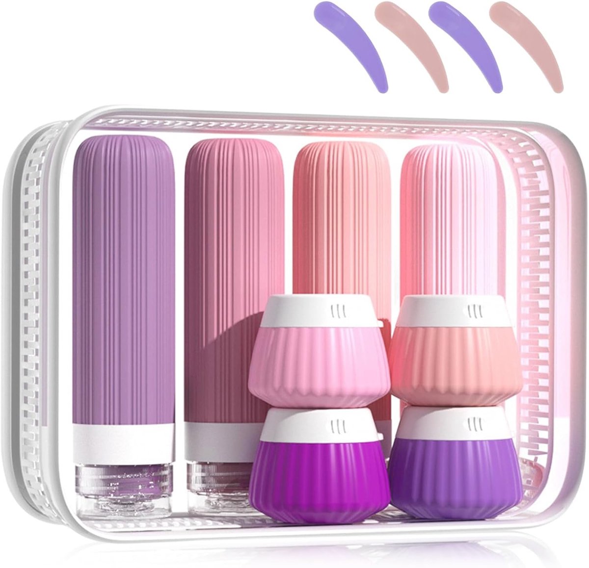 Set van 8 Silicone Reisbottles met Doorzichtige Tas en Labels voor Cosmetica, Shampoo, Lotion en Crème (Roze)