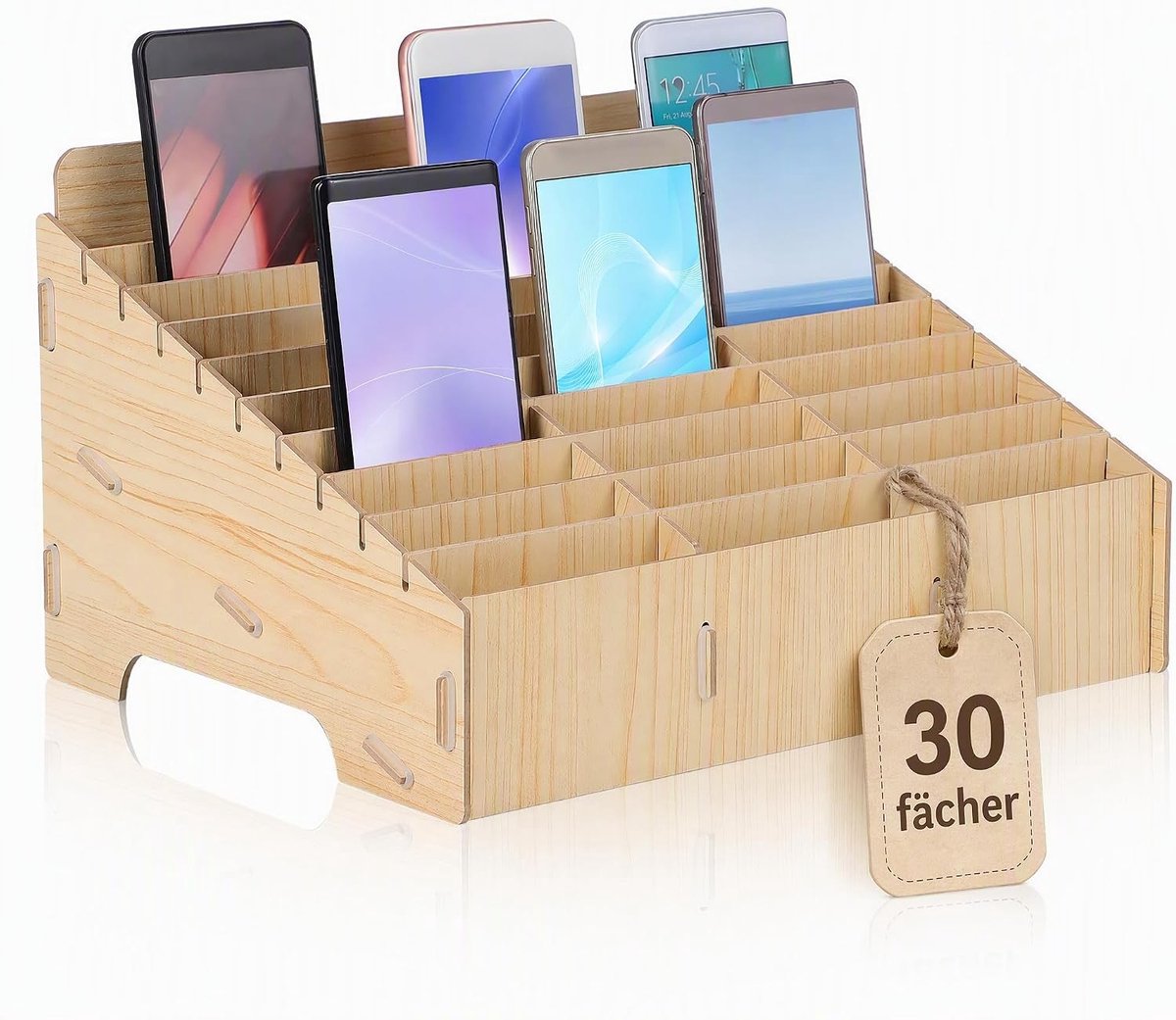 30 Compartimenten Telefoonopslag voor School, Multifunctionele Mobiele Telefoon Garage, Houten Opbergdoos voor Klaslokaal en Kantoor, Khaki, Ideaal voor Organisatie en Ruimtebesparing