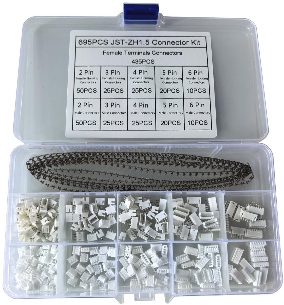 695-delige JST ZH Connector Kit met 1.5mm 2/3/4/5/6 Pin Plug en Bushing Adapter Set, Mini Micro Connector Set voor PCB-borden met Crimp Terminals en Elektronische Toepassingen