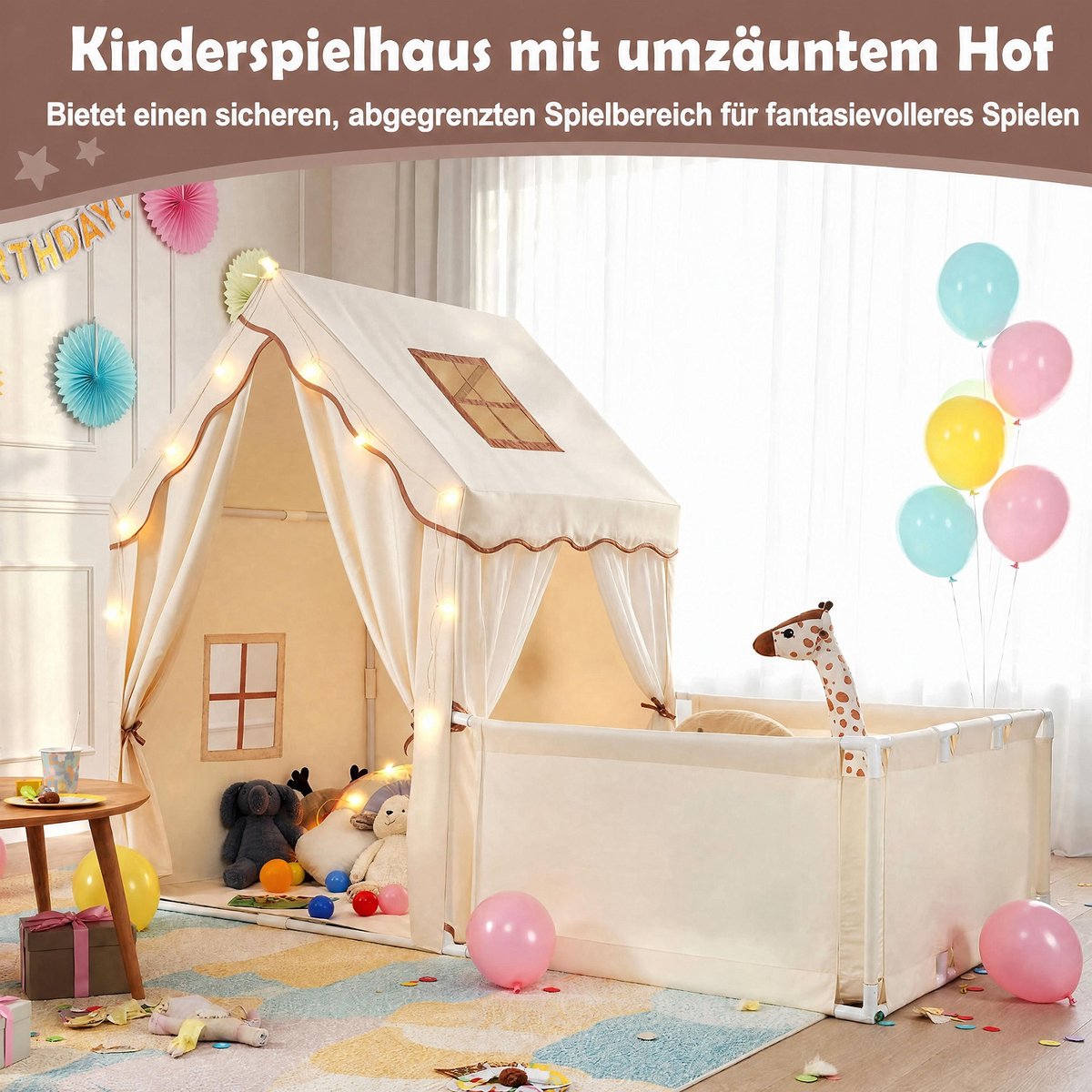 COSTWAY 2-in-1 kindertent met looprek, kinderspeelhuis voor binnen met mat & lichtketting, grote kinderspeeltent, speelgebied 177 x 97 x 136 cm, tent kinderkamer voor jongens en meisjes (beige) — cadeau in Spellen & Speelgoed - foto 7