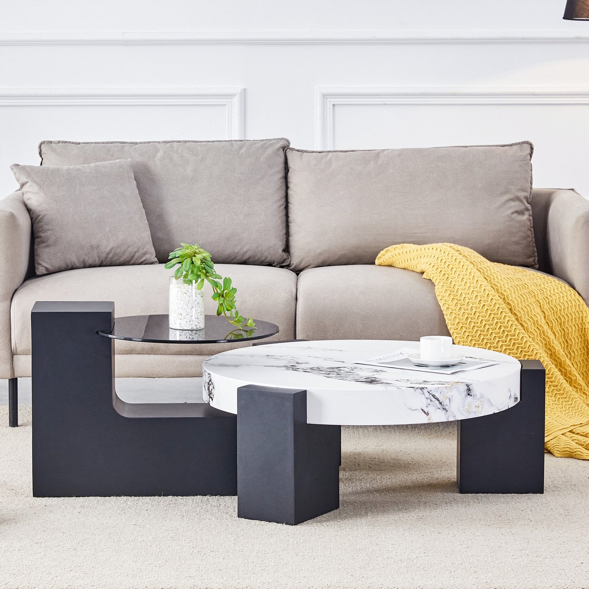 MEUNIQ Bijzettafelset van 2 rond – wit marmerlook MDF en transparant grijs glazen blad, zwarte L-vormige basis, 61/44 cm, voor woonkamer en slaapkamer