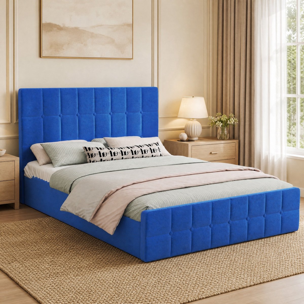 MEUNIQ Gestoffeerd bedframe 140 x 200 cm met hoofdbord en lattenbodem, blauw fluweel, tweepersoonsbed voor slaapkamer