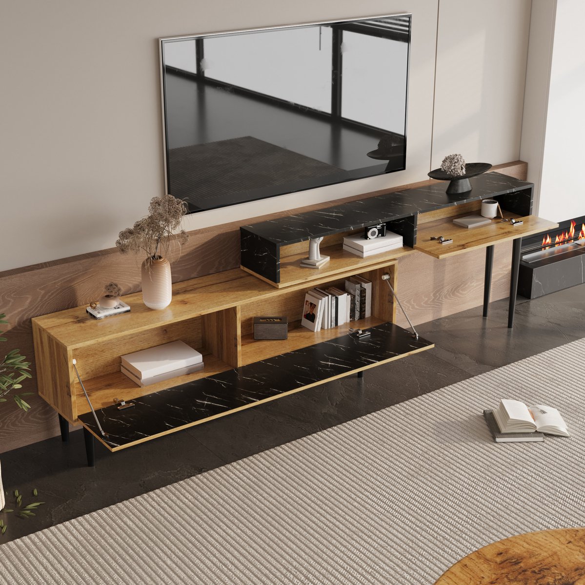 MEUNIQ TV-meubel met verstelbare breedte 129-200 cm, open en gesloten opbergruimte, marmerlook en houtnerf, ijzeren poten, woonkamer, naturel hout en zwart