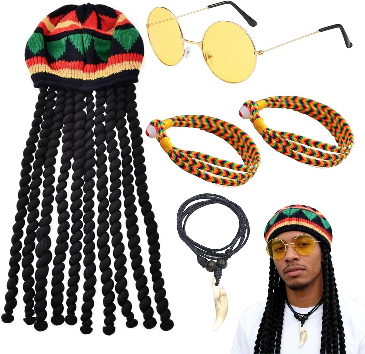 Schattige hoed met gevlochten pruik, perfect voor feestelijke gelegenheden en kostuums - inclusief gele bril, 2 handgemaakte armbanden en een ketting voor een complete look