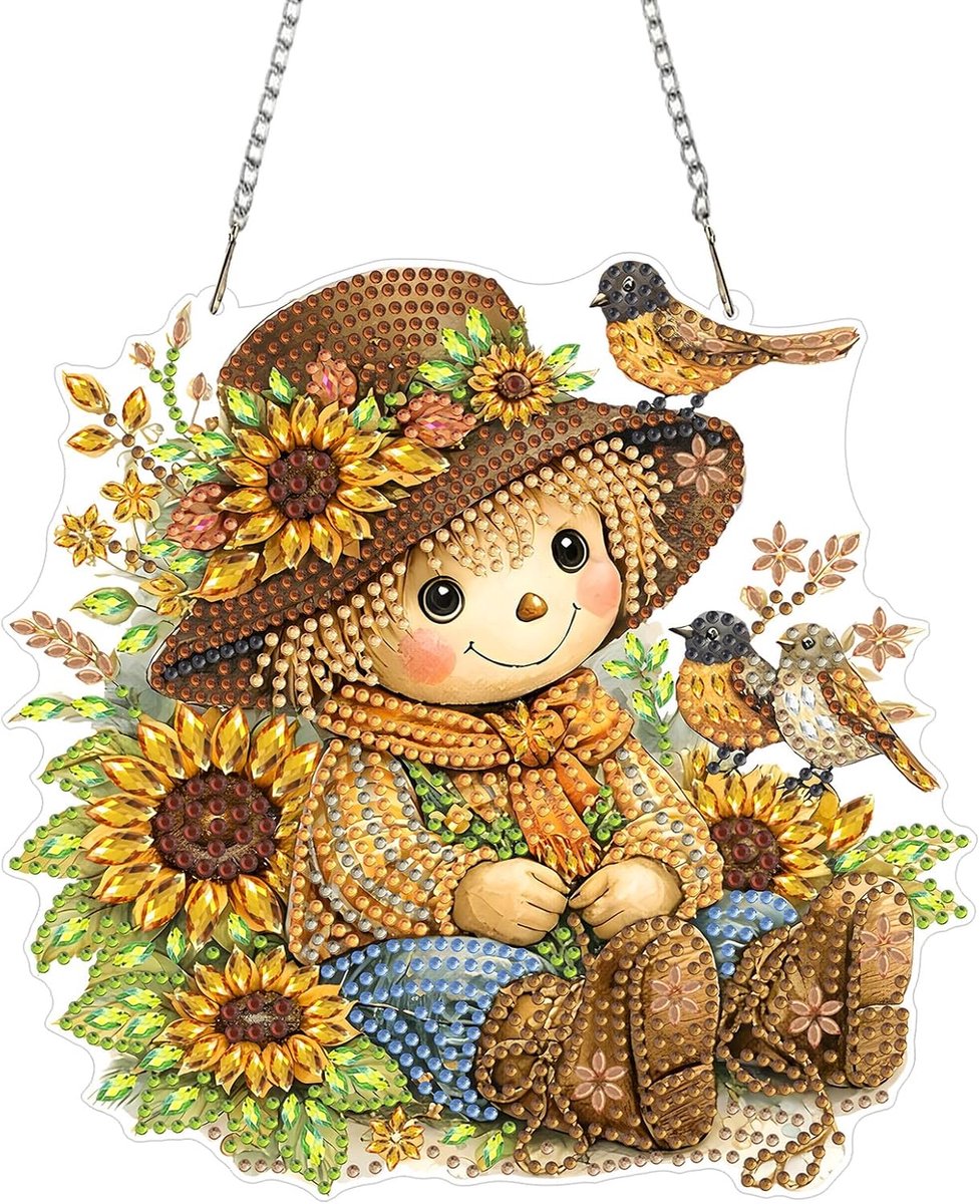 Vogelscheuche Pop Diamantschilderij Hanger, 5D Zonnebloemen Ornament Kit, DIY Kristal Strass Acryl Sierhanger voor Raam, Muur, Deur en Tuin Decoratie