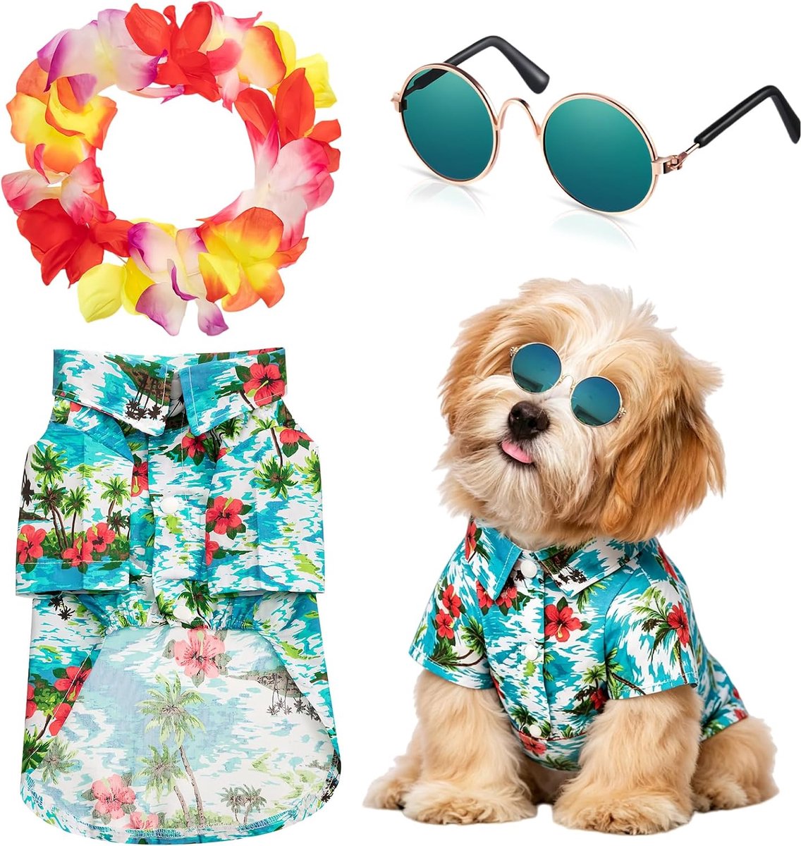 Hawaïhemden voor honden met zonnebril en bloemenslingers, zomerkleding voor kleine en middelgrote honden en katten, 3-delige set (groen)