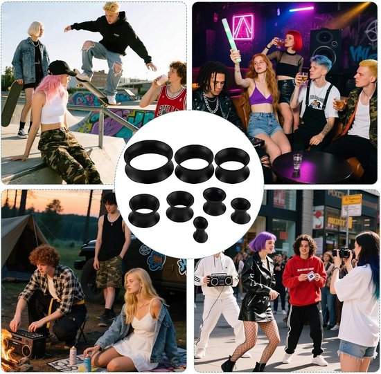 Tunnels, body piercing expander, oorstretcher plug piercing expanderset, 8 specificatiematen, veilig en flexibel tunnel oor voor vrouwen en mannen (zwart) — afbeelding 4