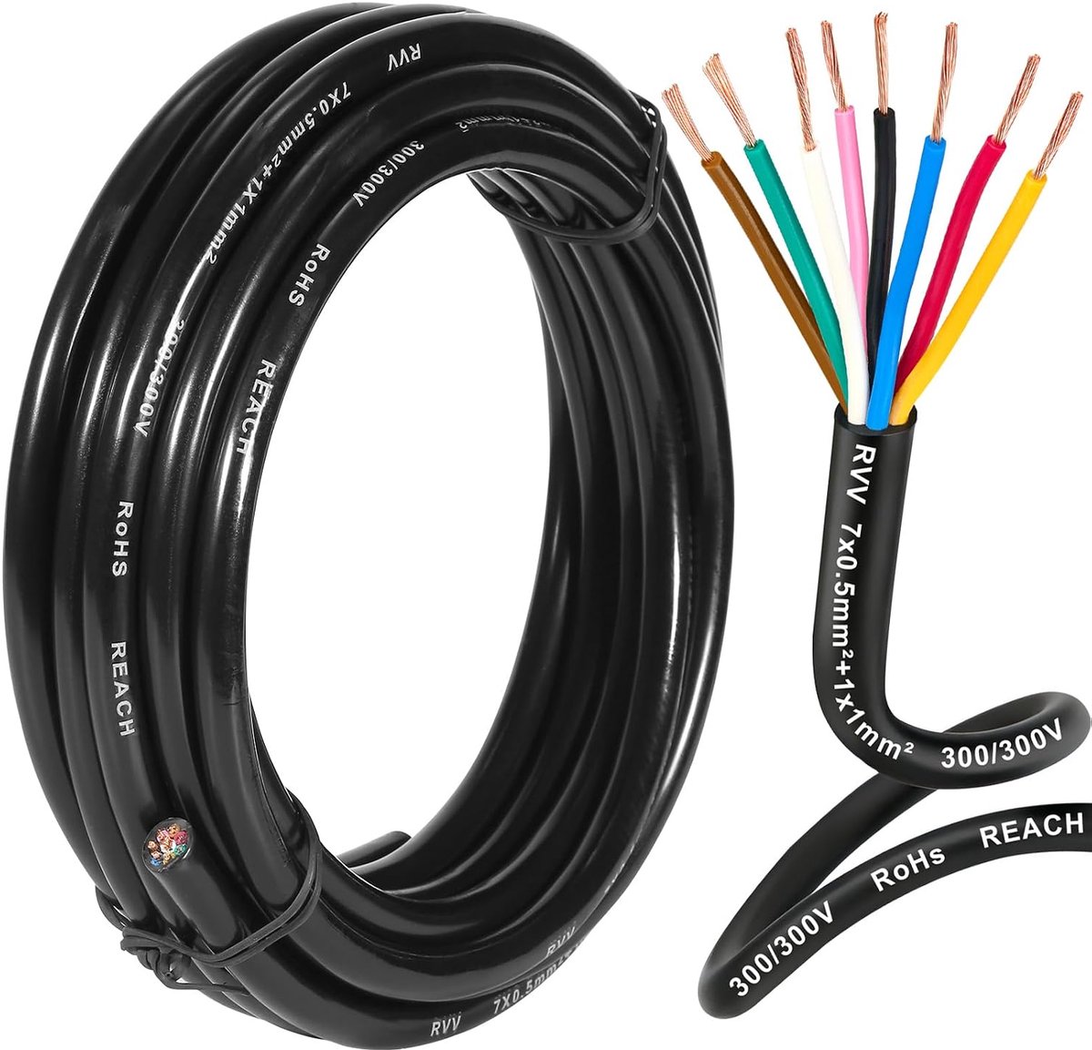 8 Draads Aanhangwagenkabel 5M, aanhangerverlichtingskabel 8 kern, voertuig 8 aderige ronde kabel voor aanhangwagencaravan, 80V 24V 12V 8 Polige kabel voor auto's 7x0,5 mm²+1x1 mm²