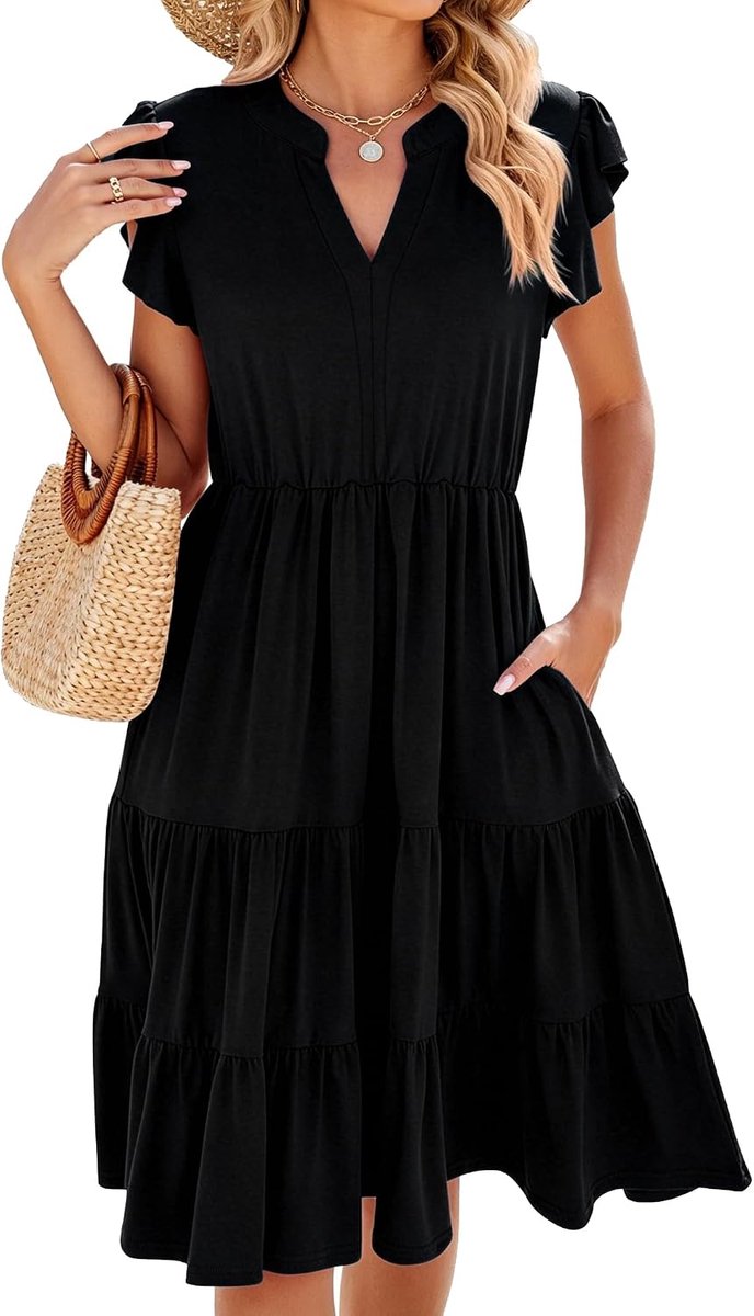 Zomerjurk voor dames, vloeiend, chique, strandjurk, knielengte, V-hals, ruches mouwen, losse casual jurk met zakken