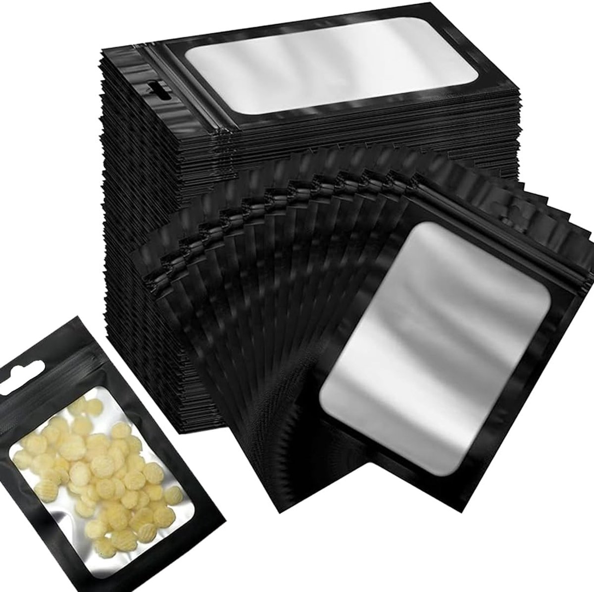 60 stuks hersluitbare Mylar-zakjes met voorvenster, zakken met ritssluiting voor kleine bedrijven, voor het opbergen van snoep, koekjes, sieraden (7 x 10 cm) (zwart)