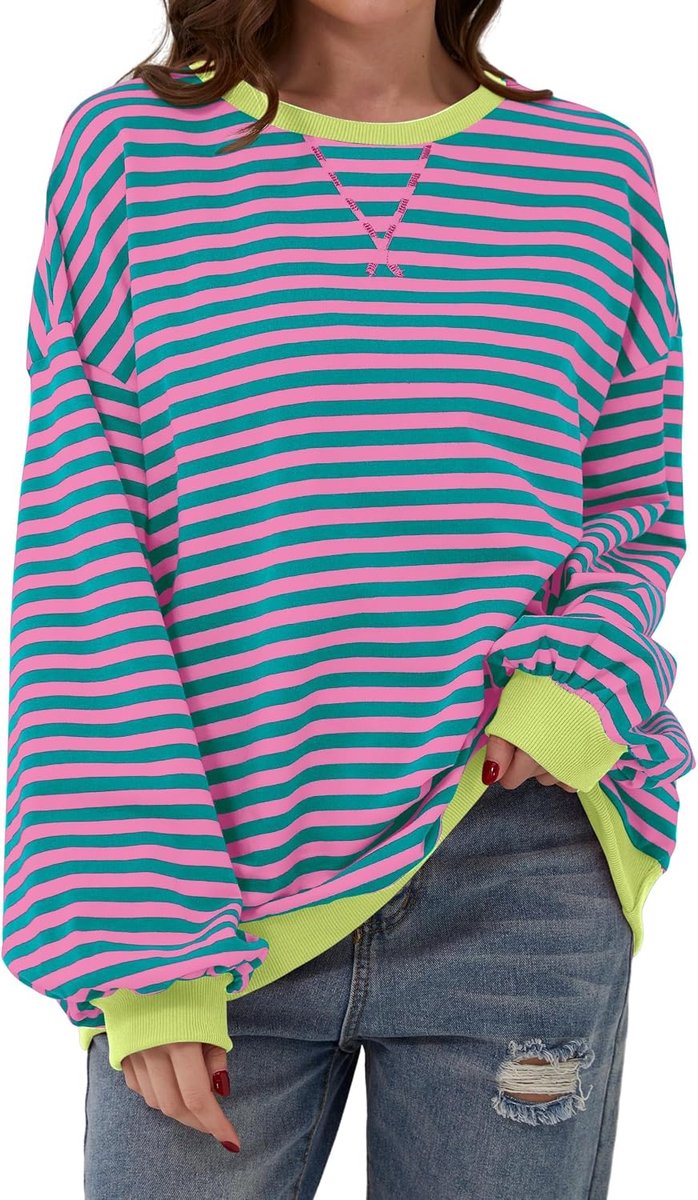 Sweatshirt,Y2K, voor dames, gestreept, oversized, lange mouwen, herfst, ronde hals, sweatshirt