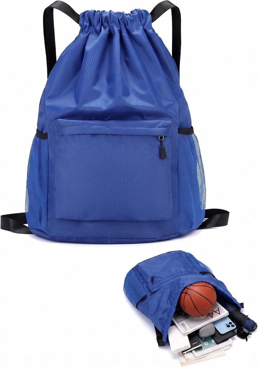 Sporttas met trekkoord, strandtas voor dames en heren, voor sportschool, zwembad en yoga, kleine rugzak, licht, opvouwbaar en duurzaam, voor reizen en vrije tijd, donkerblauw
