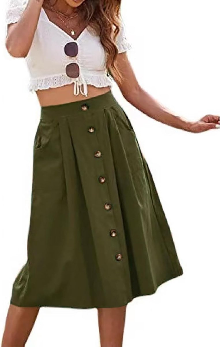 Dames Effen Kleur Licht Geplooide A-Lijn Midi-Rok Zak Knoop Casual Half Lichaam Rok