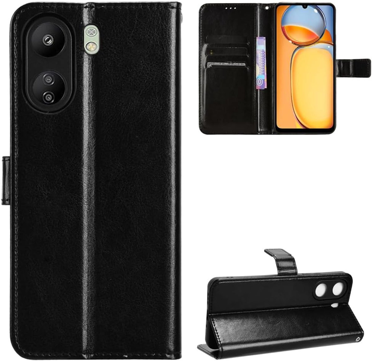 Hoes voor Xiaomi Poco C65/Redmi 13C 4G, klapbare standfunctie, leer, schokbestendig, telefoonhoes met kaartenvak, magneetsluiting